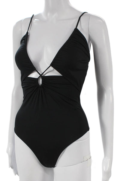 Zara Women Black V-Neck Sleeveless Polyurethane Jumpsuit Size S