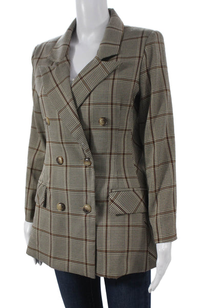 Lioness Women Double Breasted Plaid Blazer Beige Polyester Size XS