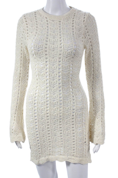 Nasty Gal Women Bodycon Dress Ivory Long Sleeve Tie Round Neck Cotton Size 6