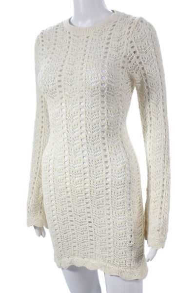 Nasty Gal Women Bodycon Dress Ivory Long Sleeve Tie Round Neck Cotton Size 6