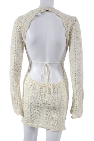 Nasty Gal Women Bodycon Dress Ivory Long Sleeve Tie Round Neck Cotton Size 6