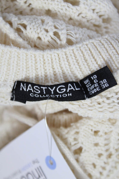 Nasty Gal Women Bodycon Dress Ivory Long Sleeve Tie Round Neck Cotton Size 6