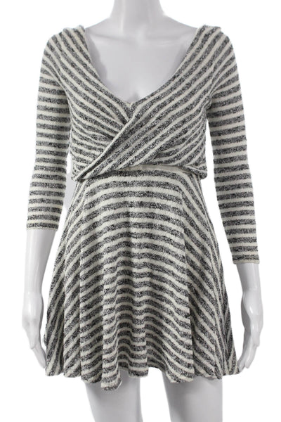 Free People Women Fit & Flare Striped Black V-Neck 3/4 Sleeve Dress Size XS