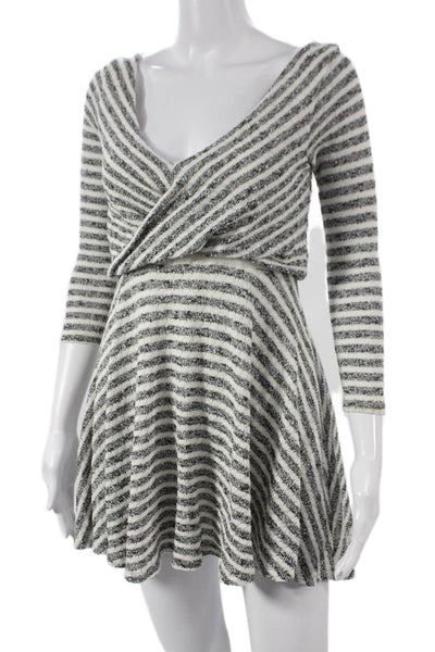 Free People Women Fit & Flare Striped Black V-Neck 3/4 Sleeve Dress Size XS