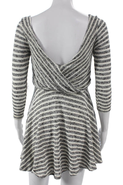 Free People Women Fit & Flare Striped Black V-Neck 3/4 Sleeve Dress Size XS