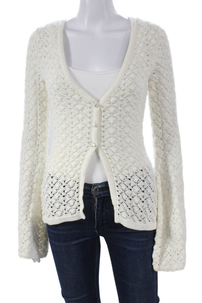 Meshki Womens Ivory Geometric V Neck Acrylic Cardigan Long Sleeve Size S