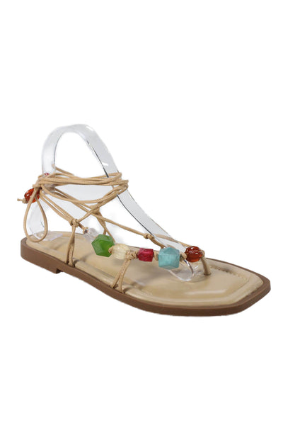 Schutz Womens Beaded Detail Calf Tie Sandals Beige Size 8