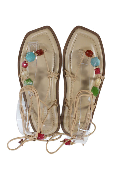 Schutz Womens Beaded Detail Calf Tie Sandals Beige Size 8