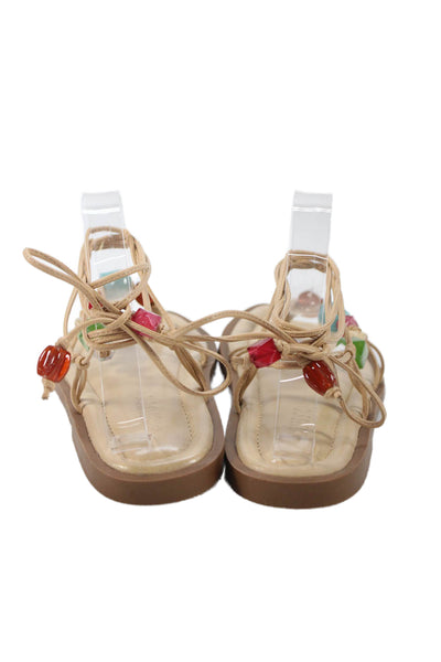 Schutz Womens Beaded Detail Calf Tie Sandals Beige Size 8