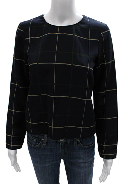 Zara Basic Women Blue Checked Round Neck Long Sleeve Blouse Zip Size XS