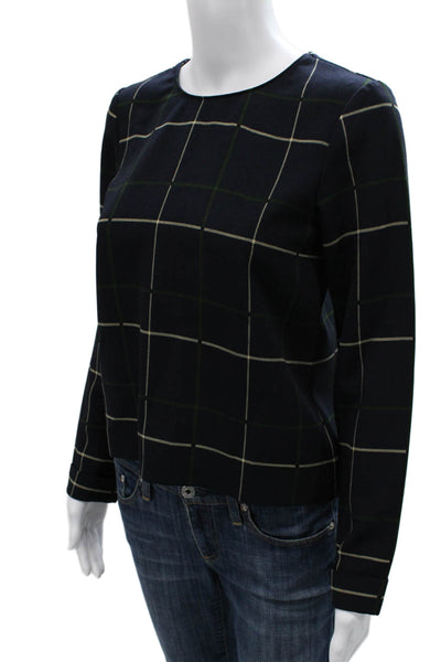 Zara Basic Women Blue Checked Round Neck Long Sleeve Blouse Zip Size XS