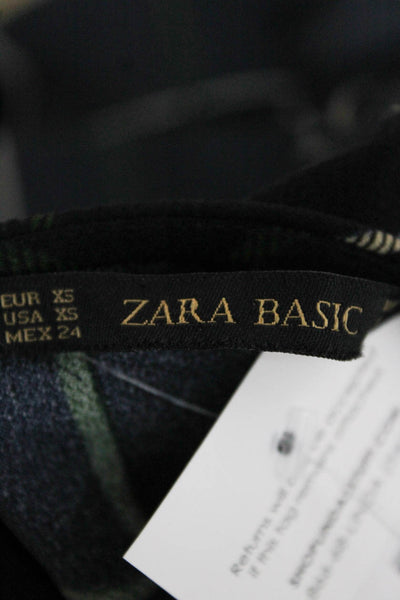 Zara Basic Women Blue Checked Round Neck Long Sleeve Blouse Zip Size XS