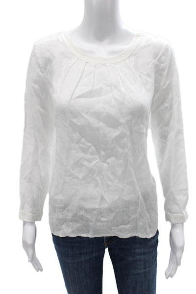 J Crew Women Basic Linen White Round Neck Long Sleeve Blouse Size 4