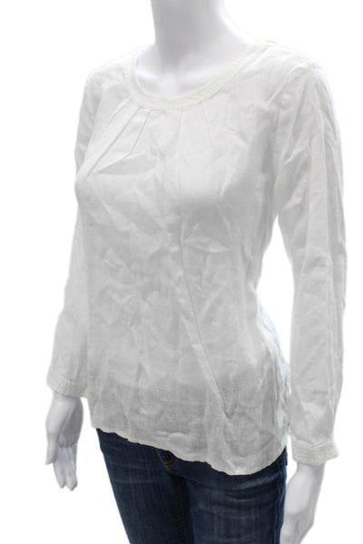 J Crew Women Basic Linen White Round Neck Long Sleeve Blouse Size 4