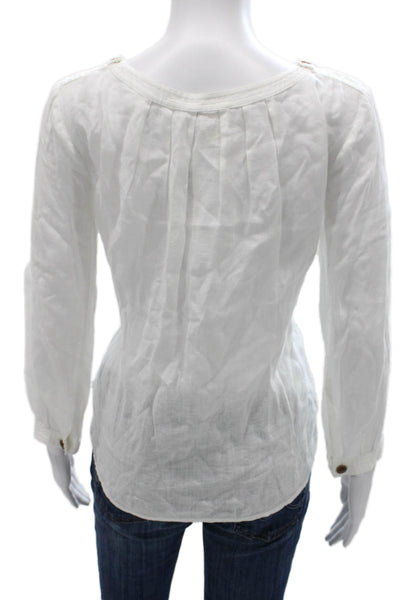 J Crew Women Basic Linen White Round Neck Long Sleeve Blouse Size 4
