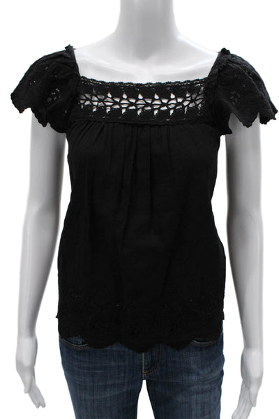 Ulla Johnson Women Black Square Neck Basic Blouse Cotton Short Sleeve Size 2