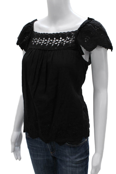 Ulla Johnson Women Black Square Neck Basic Blouse Cotton Short Sleeve Size 2