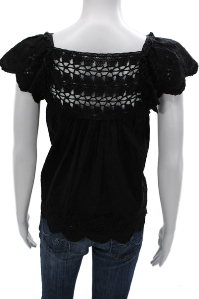 Ulla Johnson Women Black Square Neck Basic Blouse Cotton Short Sleeve Size 2