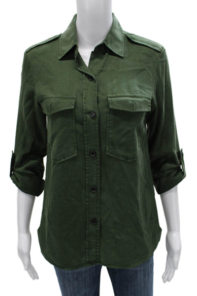 Zara Women Basic Green Lyocell Collared 3/4 Sleeve Button-Up Size XS