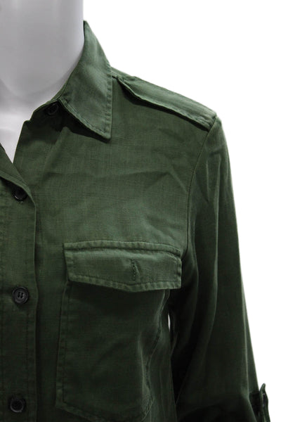 Zara Women Basic Green Lyocell Collared 3/4 Sleeve Button-Up Size XS