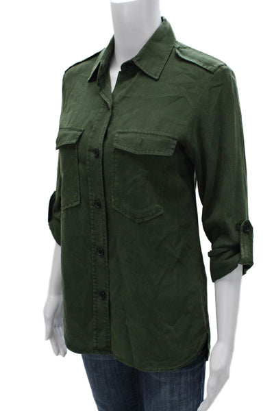 Zara Women Basic Green Lyocell Collared 3/4 Sleeve Button-Up Size XS