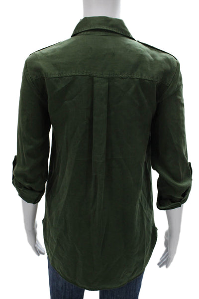 Zara Women Basic Green Lyocell Collared 3/4 Sleeve Button-Up Size XS