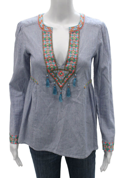 Christophe Sauvat Womens Blue Striped VNeck Tunic Blouse Long Sleeve Size XS