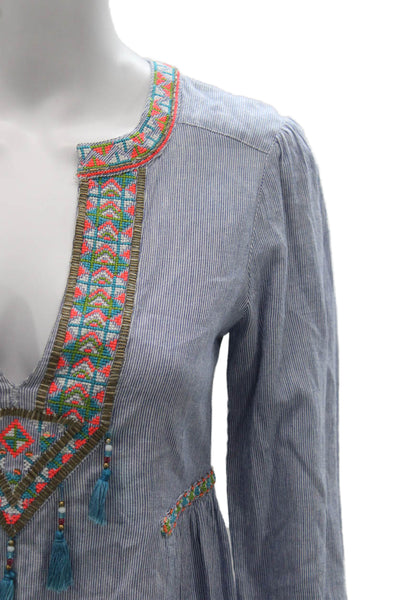 Christophe Sauvat Womens Blue Striped VNeck Tunic Blouse Long Sleeve Size XS