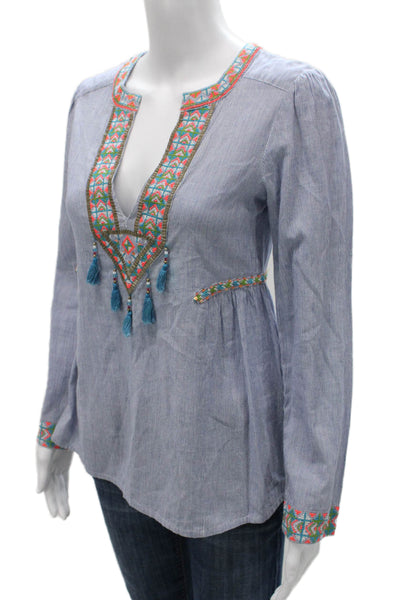 Christophe Sauvat Womens Blue Striped VNeck Tunic Blouse Long Sleeve Size XS