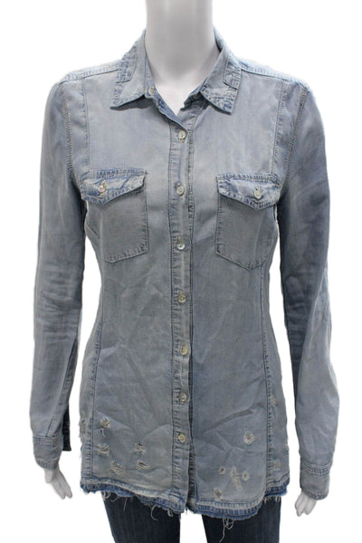 BLANKNYC Womens Blue Tencel Collared Basic Button-Up Long Sleeve Shirt Size XS