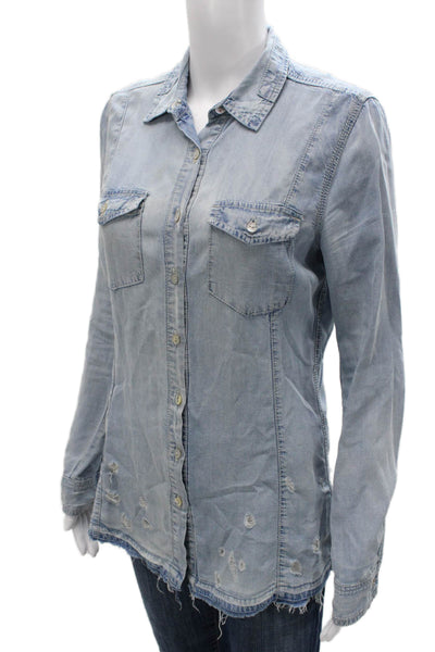 BLANKNYC Womens Blue Tencel Collared Basic Button-Up Long Sleeve Shirt Size XS