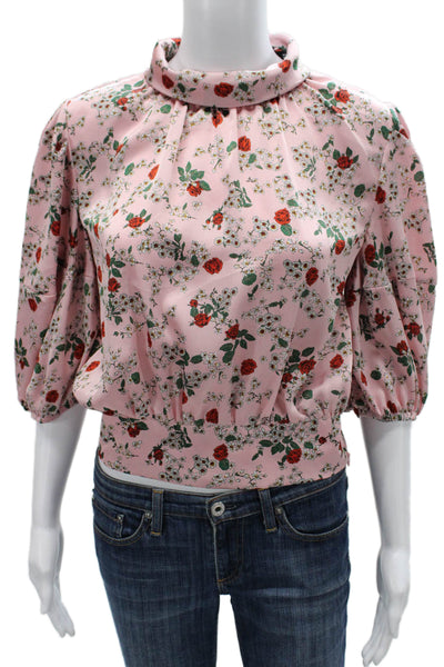 Zara Women Cropped Cowl Neck Floral Blouse Pink 3/4 Sleeve Size S