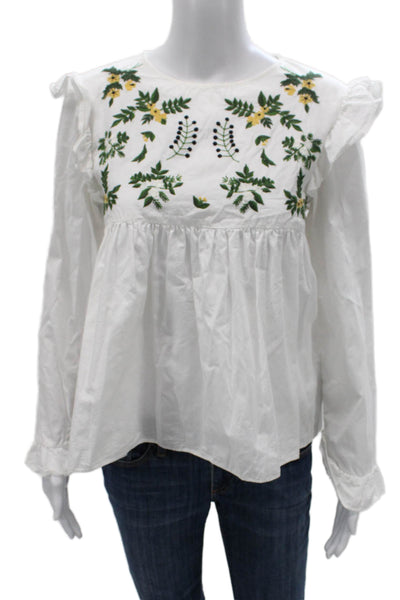 Zara Trafaluc Womens Basic Cotton Floral Long Sleeve Blouse Round Neck Size XS