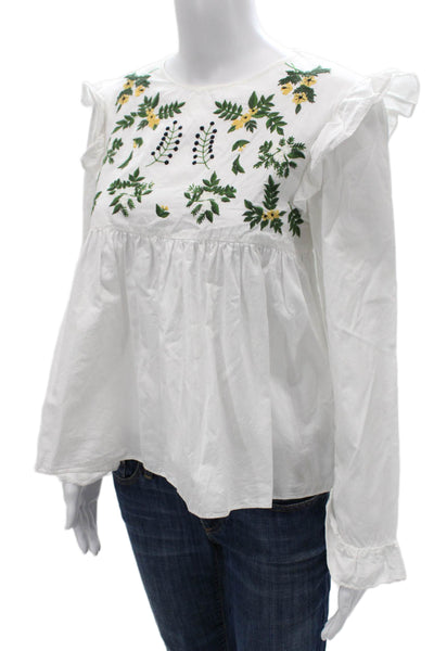 Zara Trafaluc Womens Basic Cotton Floral Long Sleeve Blouse Round Neck Size XS