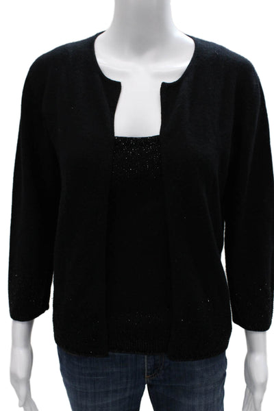 Carmen Marc Valvo Women Cardigan Set Black Cashmere Square Neck 3/4 Slv Size M