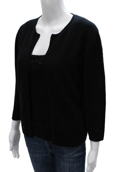 Carmen Marc Valvo Women Cardigan Set Black Cashmere Square Neck 3/4 Slv Size M