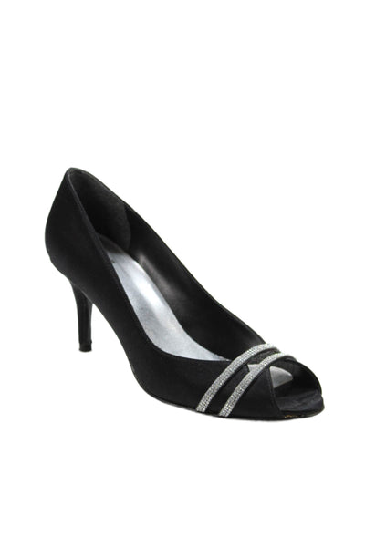 Stuart Weitzman Womens Satin Jeweled Peep Toe Pumps Black Size 7.5 Medium