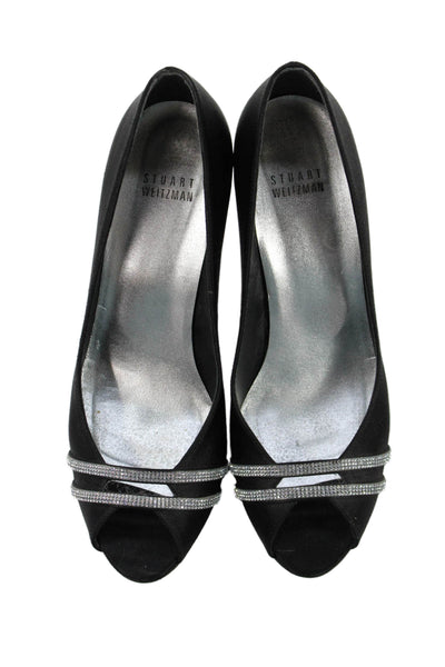 Stuart Weitzman Womens Satin Jeweled Peep Toe Pumps Black Size 7.5 Medium
