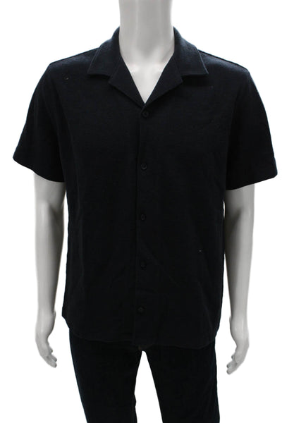 Vince Mens Cotton Textured Collar Short Sleeve Button Down Shirt Navy Size M