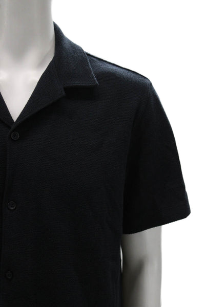 Vince Mens Cotton Textured Collar Short Sleeve Button Down Shirt Navy Size M