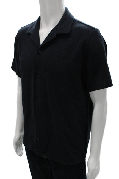 Vince Mens Cotton Textured Collar Short Sleeve Button Down Shirt Navy Size M