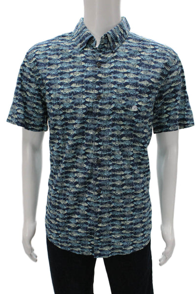 Eddie Bauer Mens Button Front Short Sleeve Collared Fish Shirt Blue Size Large