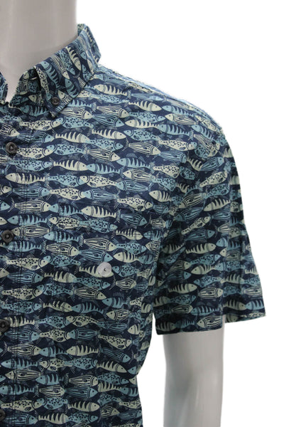Eddie Bauer Mens Button Front Short Sleeve Collared Fish Shirt Blue Size Large