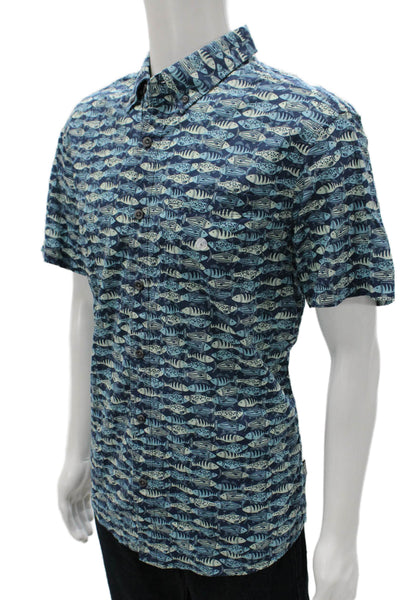 Eddie Bauer Mens Button Front Short Sleeve Collared Fish Shirt Blue Size Large