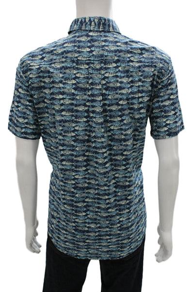 Eddie Bauer Mens Button Front Short Sleeve Collared Fish Shirt Blue Size Large