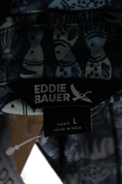 Eddie Bauer Mens Button Front Short Sleeve Collared Fish Shirt Blue Size Large