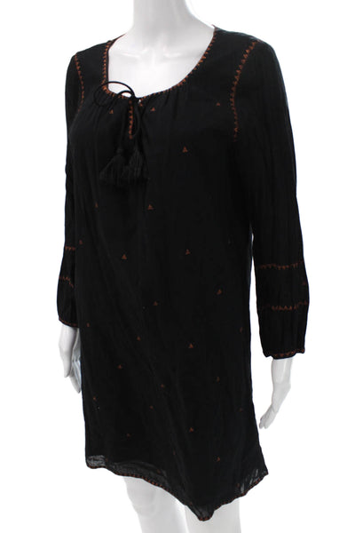 Madewell Women Shift Dress Black Long Sleeve Round Neck Knee Length Size M
