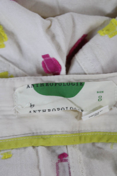 Anthropologie Womens Cropped Ivory Geometric Cotton Pants Size 8