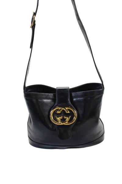 Gucci Womens Vintage Leather GG Embellished Hobo Shoulder Handbag Deep Navy