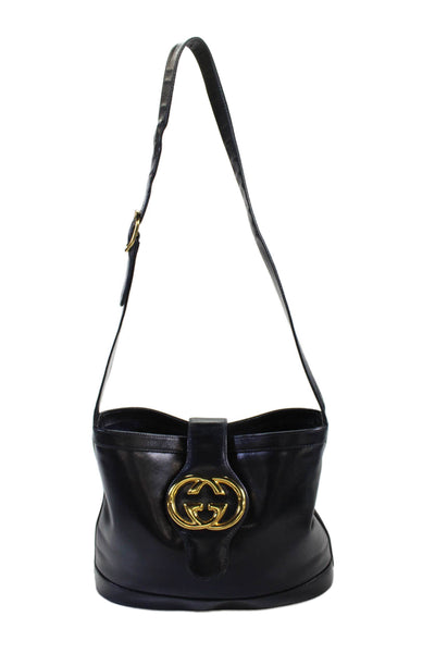 Gucci Womens Vintage Leather GG Embellished Hobo Shoulder Handbag Deep Navy